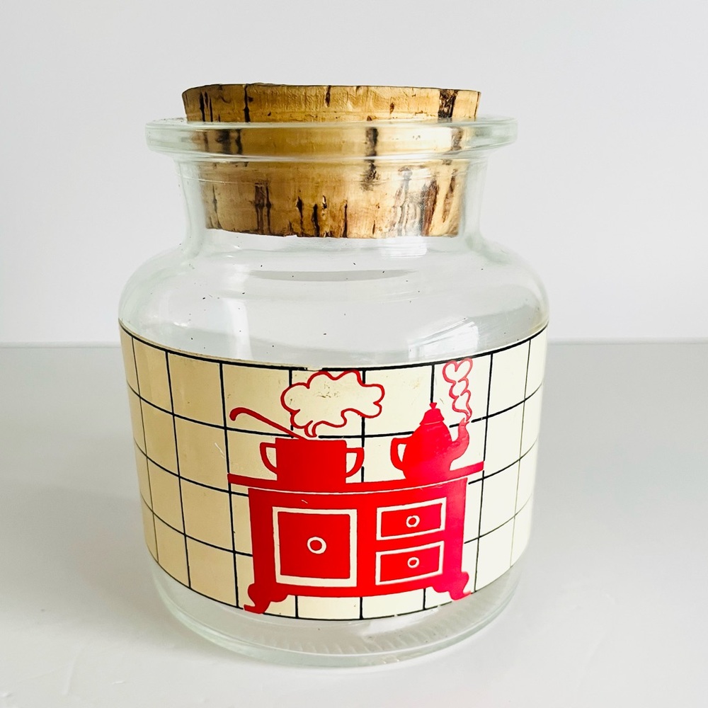 Vintage French Glass Kitchen Canisters w/ Cork Lids Retro Pantry Jars Set of 2 - Picture 2 of 10